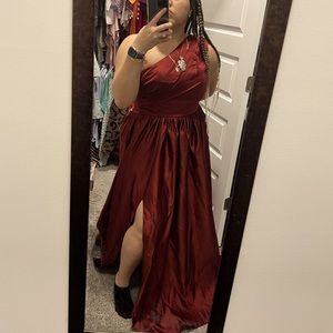 One Shoulder Satin Dress with Slit Long Formal Evening Gown with Pockets